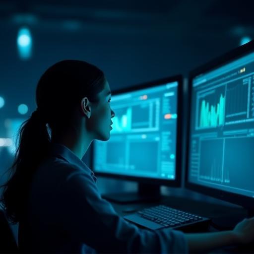 Ingeniera de soporte monitoreando pantallas